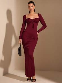 SHEIN BAE Top corto de encaje de manga larga con cuello cuadrado minimalista negro para mujer, vestido elegante y sencillo para otoño/invierno/principios de primavera, adecuado para el Día de San Valentín, fiestas, citas, dama de honor, ocasiones formales, uso diario
