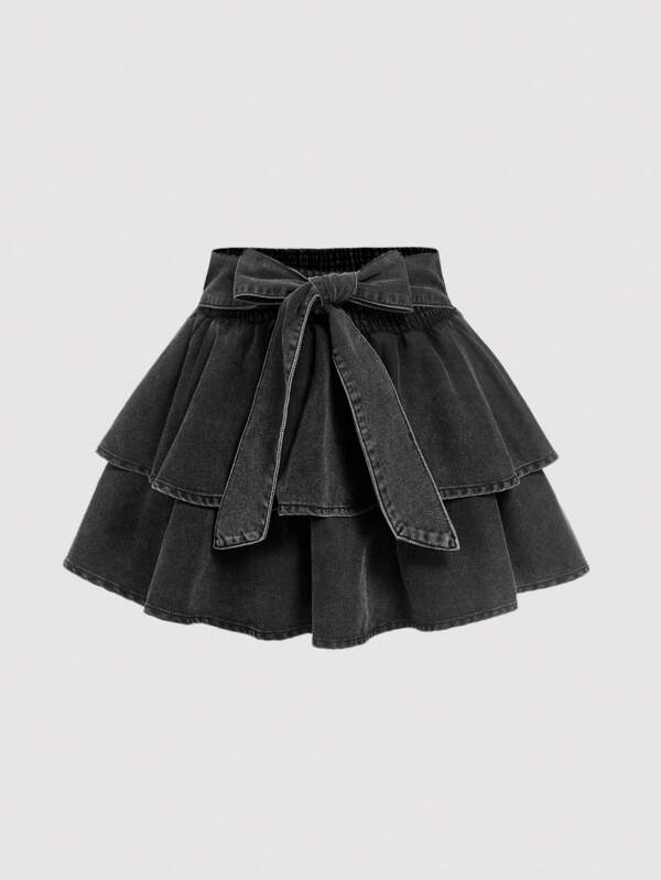SHEIN MOD Plus Size Denim Mini Skirt With Bow Decor, Blue