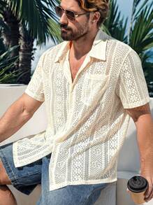 Manfinity Homme Plus Size Men's Hollow Out Short Sleeve Single Breasted Pocket Casual Shirt - Apricot - View 6