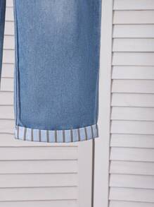 2pcs/Set Toddler Boys Casual College Style White Round Neck Long Sleeve T-Shirt And Blue Washed Denim Bib Overall Pants - Blue - View 4