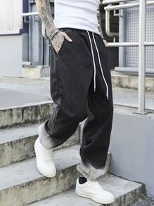 Manfinity EMRG 男士休闲渐变洗水抽绳腰牛仔裤 - 黑色 - 查看 1