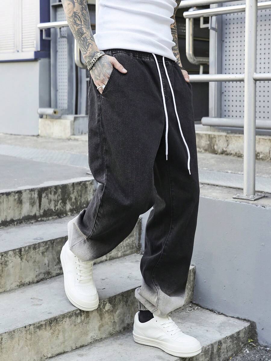 Manfinity EMRG 男士休闲渐变洗水抽绳腰牛仔裤 - 黑色 - 查看 1