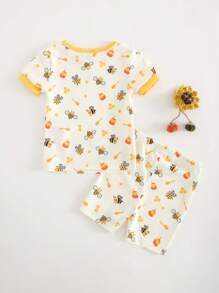 Cozy Pixies Conjunto de Pijama com 2 Peças para Bebê Menino, Top de Manga Curta com Gola Redonda e Costuras Macias com Estampa de Animal em Malha Ajustada e Shorts de Cintura Elástica
