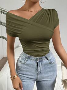 Firerie Women's Solid Color Asymmetric Neckline Short Sleeve Ruched Fitted T-Shirt,Rave Top - Army Green - View 4