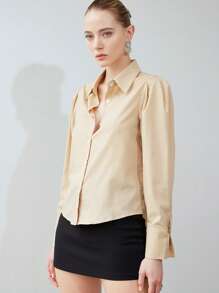 SHEIN Privé Solid Button Front Shirt Button Up Shirt Women  Fall Cloth For Women - Khaki - View 5