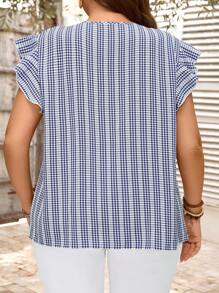 EMERY ROSE 大码女式夏季休闲蓝白格子短袖V领衬衫，度假女装，简约时尚，日常穿着皆宜。 - 彩色 - 查看 5