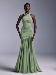 Elitara Elegant Powder Blue Floral Ruched Bust Mesh Overlay Fishtail Maxi Bridesmaid Dress Green
