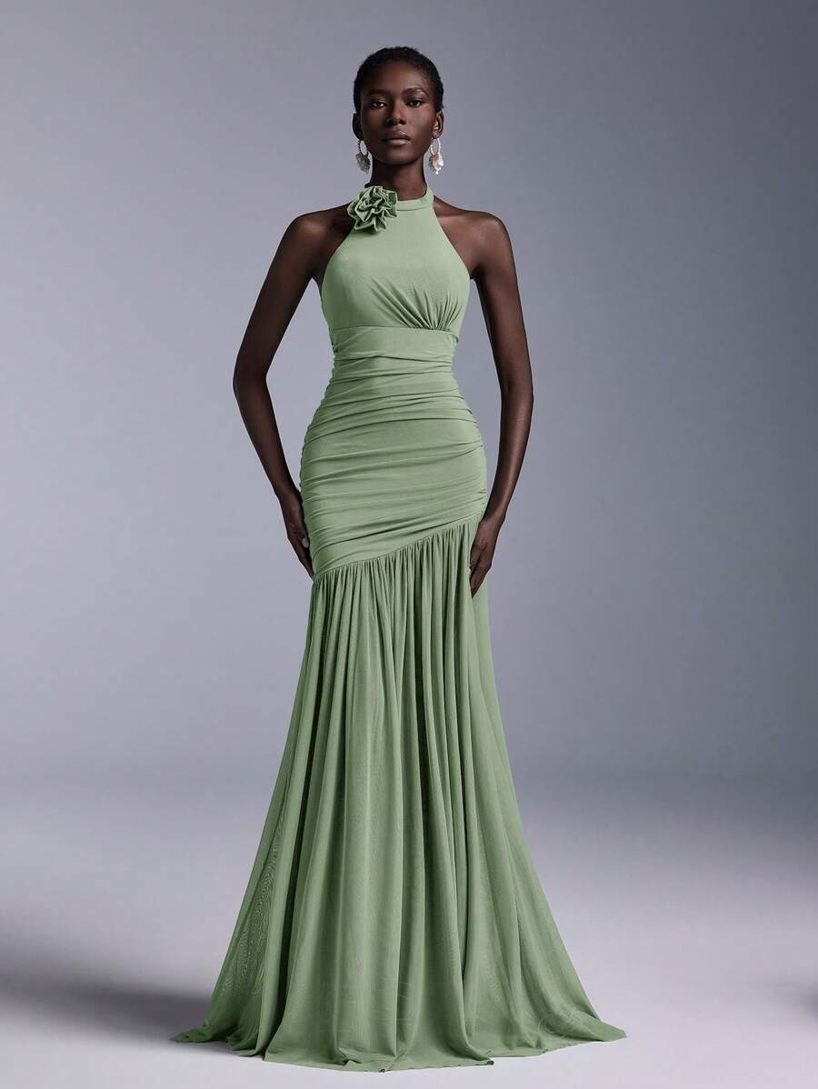 Elitara Elegant Powder Blue Floral Ruched Bust Mesh Overlay Fishtail Maxi Bridesmaid Dress Green