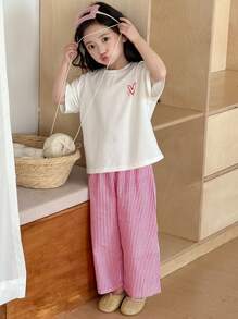 Dazy Kids Bộ đồ ngủ quần sọc in hình trái tim cho bé gái - Đỏ và trắng - Xem 7
