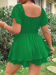 Flirla Plus Size Women Front Tie Elastic Waist Double Layer Romper - Green - View 2