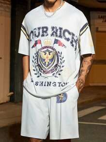 PAVTROS 男士礼物，男士超大图案闪电鹰展翅、国旗皇冠字母印花圆领短袖 T 恤和短裤休闲套装，日常适合朋友、男朋友礼物 男士服装 男士 T 恤套装 男士服装 男士 T 恤套装 男士两件套服装 男士 T 恤套装 男士俱乐部服装 - 杏色 - 查看 5