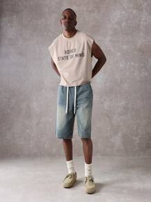 SUMWON Bored State Of Mind Sleeveless Tank Top Raw Edge Crop Length Statement Text Boxy Fit Casual Streetwear Athletic Summer Beach Festival Workout Gym Top - Khaki - View 4