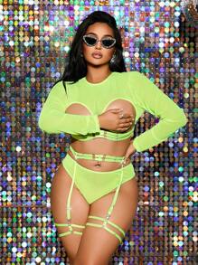 SHEIN Conjunto de 5 piezas de lencería en talla grande de unicolor, sexy y con abertura de malla - Verde - Ver 3
