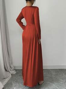 Elenzga Women Solid Satin Ruched Shoulder Party Elegant Long Sleeve Dress With Side Slit Maxi Women Outfit Fall Cloth For Women - Burnt Orange - View 2