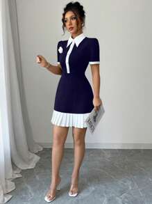 Elenzga Women's Half-Zip Colorblock Floral 3D Mini Dress - Navy Blue - View 4