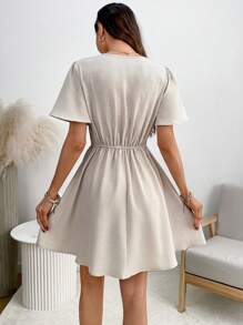 EMERY ROSE Women's Solid Color V-Neck Short Sleeve Casual Mini Dress Summer Dresses For Women Graduation Dresses For Women - Khaki - View 2