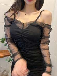 DAZY Mesh Patchwork Sleeveless Short Bodycon Dress,Mini Dress - Black - View 4