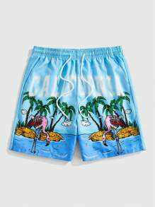 ROMWE MEN Street Life Men's Palm Tree Print Drawstring Waist Casual Shorts - Baby Blue - View 1