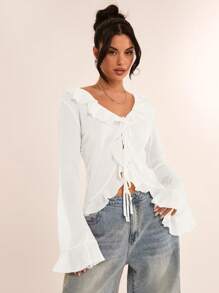 SHEIN BAE Women's Spring Elegant Floral Ruffle Trim Flare Long Sleeve Chiffon Blouse Shirt, Suitable For Date, Gatherings, Vacations, Casual Outings