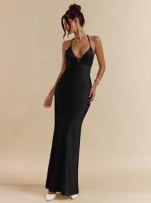 SHEIN BAE 长款深 V 领缎面露背系带连衣裙，杏色和白色，优雅连衣裙，适合度假、婚礼伴娘、生日派对、毕业典礼、春夏季 - 黑色 - 查看 5