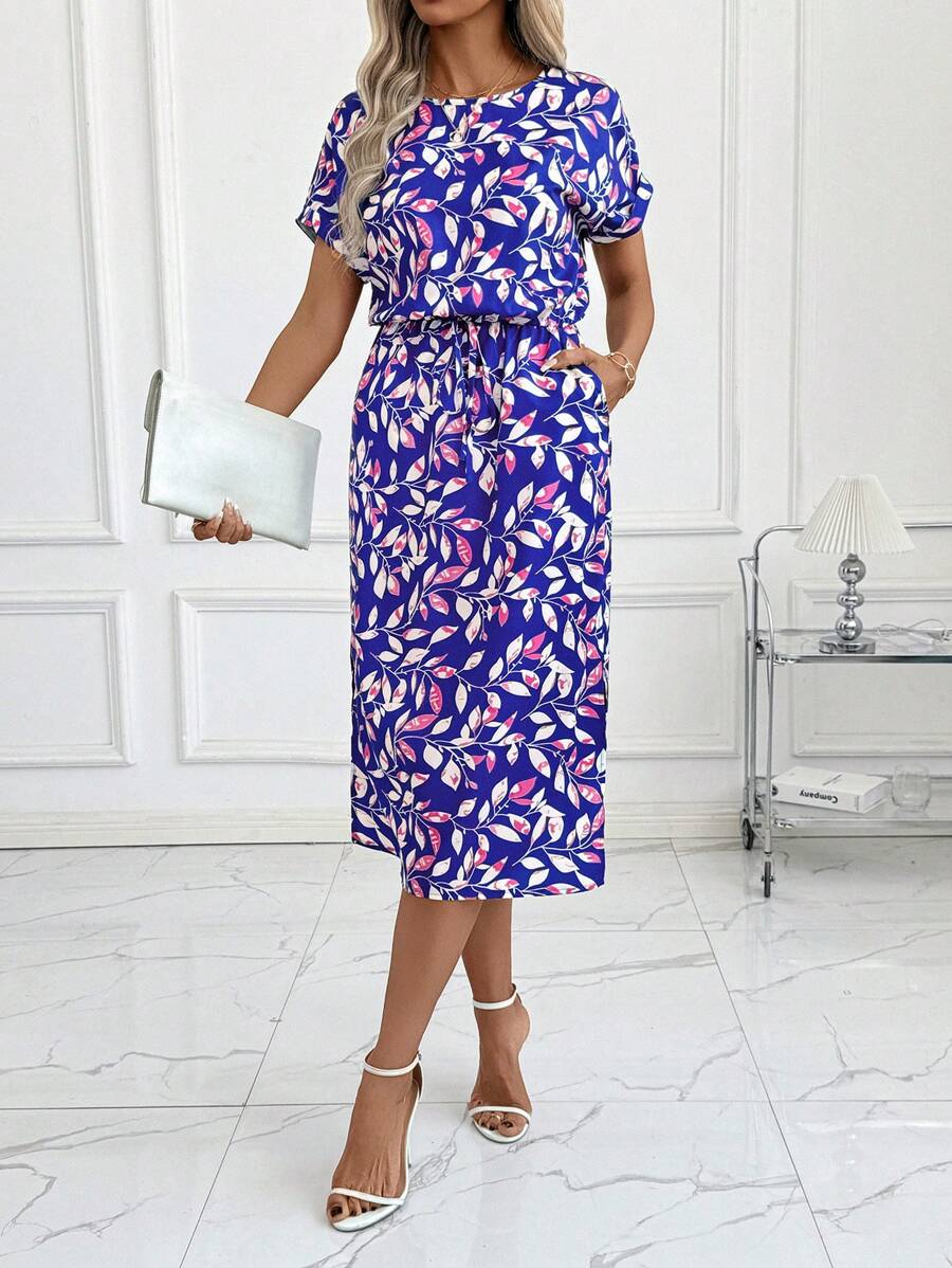 SHEIN Clasi 女士优雅圆领花卉印花束腰中长连衣裙，度假连衣裙 - 彩色 - 查看 1