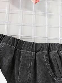 Tween Girls Medium Blue Denim Set, Elegant Long Sleeve Elastic Waist Top And Matching Straight Leg Jeans, Casual Cute Style Outfit, Versatile For Daily Wear And Outdoor, Girls Clothing Set