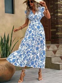 SHEIN Clasi New Floral Print Butterfly Sleeve Ruffle Hem Sexy Vacation Bohemian Maxi Swing Dress - Baby Blue - View 3