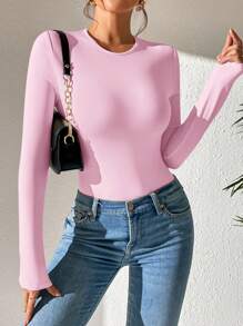 SHEIN PETITE Solid Slim Fit Spring Women Bodysuit Pink