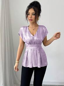 Selianne Blusa elegante de estilo francés con cuello en V, hombros fruncidos y plisados, y mangas abullonadas, con detalles dorados, para uso en la oficina - Púrpura malva - Ver 3