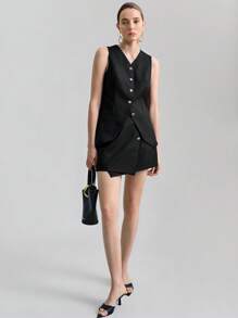 Ontre Women's Elegant Vest & Mini Skirt Suit Set, Minimalist Urban Style, Suitable For Daily Wear And Commute - Black - View 1