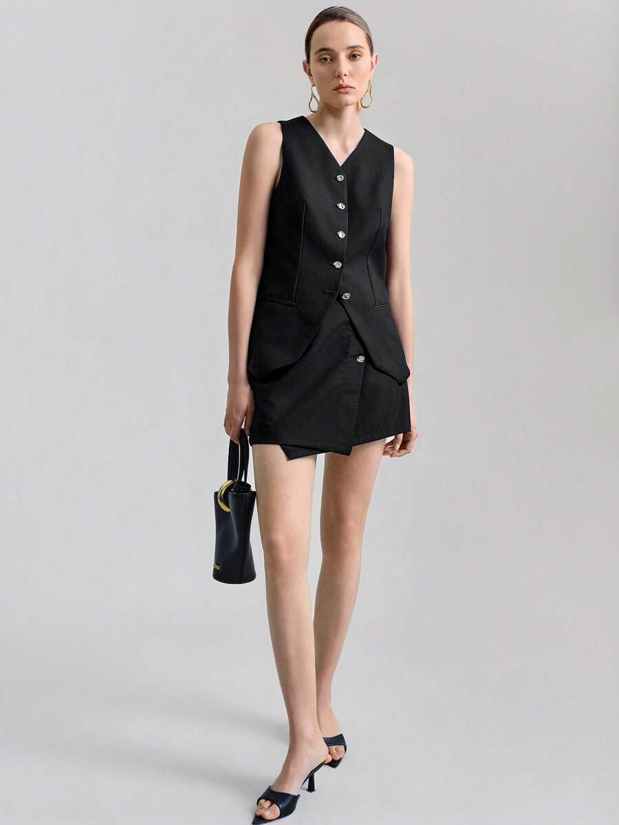 Ontre Women's Elegant Vest & Mini Skirt Suit Set, Minimalist Urban Style, Suitable For Daily Wear And Commute - Black - View 1