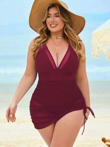 Swim Lushoire Váy lưới vá một mảnh có thể điều chỉnh cỡ lớn phong cách - Màu Đỏ Sâu - Xem 5