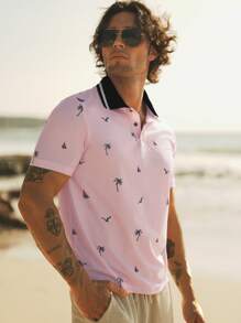 Manfinity VCAY 男士针织修身常规肩翻领短袖休闲Polo衫，适合夏季。夏季Polo衫沙滩男士粉色男士衬衫情人节男士 - 彩色 - 查看 6