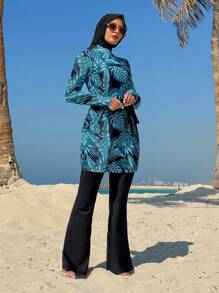 Swim Mulvari Women 3pcs/Set Random Leaf Print Modest Swimwear Set - Round Neck Long Sleeve Sun Protection Top, Waist Tie Swimsuit, And Headscarf For Summer Beach Vacation - Multicolor - View 1