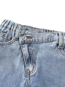 女童破洞蝴蝶印花阔腿牛仔裤 - 淺色水洗藍 - 查看 4