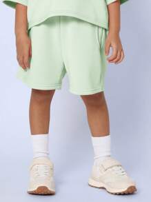 SUMWON Kids Two-Piece Smwn Letter Print Set Boxy T-Shirt Shorts Outfit Casual Streetwear Summer Spring Athletic Activewear Play Set Lightweight Everyday Comfort - Green - View 4