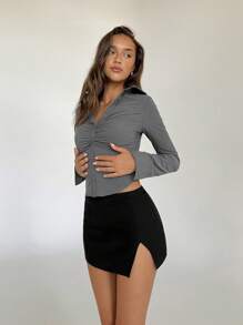 Aloruh Women's Autumn/Winter New Office Commuter Daily Wear V-Neck Ruched Chest Collared Single-Breasted Slim Fit Long Sleeve White Blouse - Grey - View 7