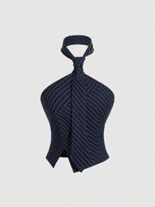 SHEIN MOD Women Striped Collar Split Back Tight Halter Neck Top, Fashionable Summer,Summer Outfits For Women,Western,Vacation,Old Money Style,Graduation,Business Casual Woman,Office Outfits For Women,Work Top,Rave Top - Navy Blue - View 1
