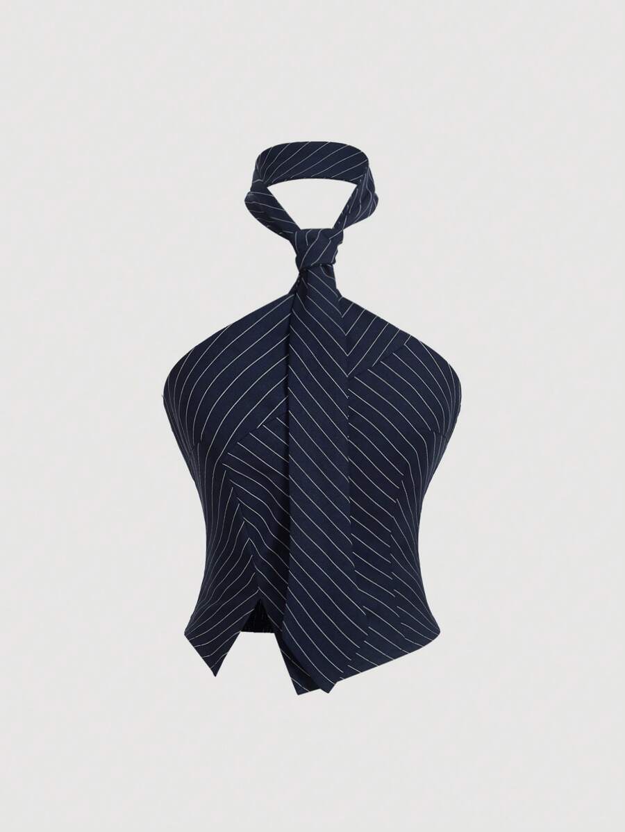 SHEIN MOD Women Striped Collar Split Back Tight Halter Neck Top, Fashionable Summer,Summer Outfits For Women,Western,Vacation,Old Money Style,Graduation,Business Casual Woman,Office Outfits For Women,Work Top,Rave Top - Navy Blue - View 1
