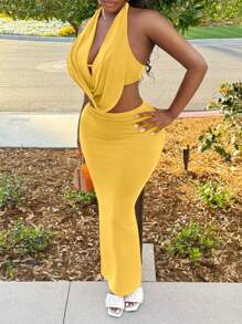 BamGleam Women Plunging Neck Backless Halter Top And Skirt Co-Ord Set - Yellow - View 5