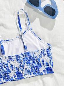2pcs Set Teen Girl Retro Floral Print Bikini Swimsuit Set - Blue and White - View 4
