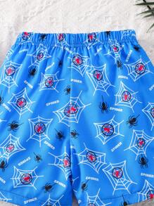 Young Boy Spider Print Drawstring Waist Loose Casual Shorts, School, Campus, College - Multicolor - View 7