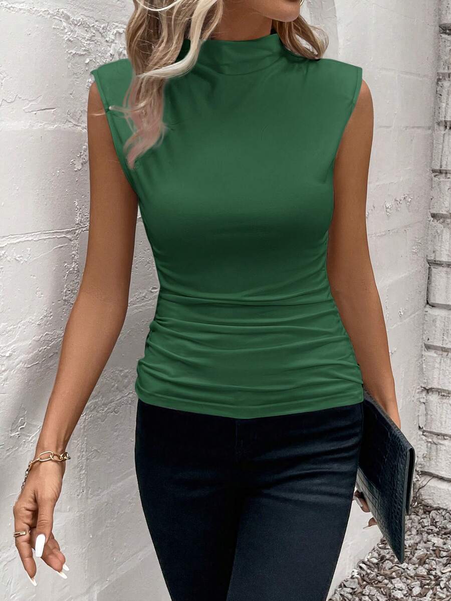 SHEIN Clasi Women's Casual Solid Color Stand Collar Ruched Slim Fit Tank Top, Summer - Dark Green - View 1