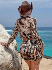 SHEIN Nuevo conjunto de bikini de 4 piezas para el verano con estampado geométrico en todo el Body, traje de baño con cordón y cubierta - Multicolor - Ver 2