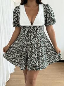 Flirla Plus Size Women's Lantern Sleeve Colorblock Ruffle Hem Babydoll Dress - Multicolor - View 5