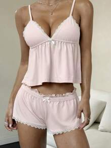 SHEIN Unity 2pcs Casual Set - Lace Trim Knit Bra Top With Loose Hem & Tie-Waist Shorts With Lace Trim - Pink - View 7