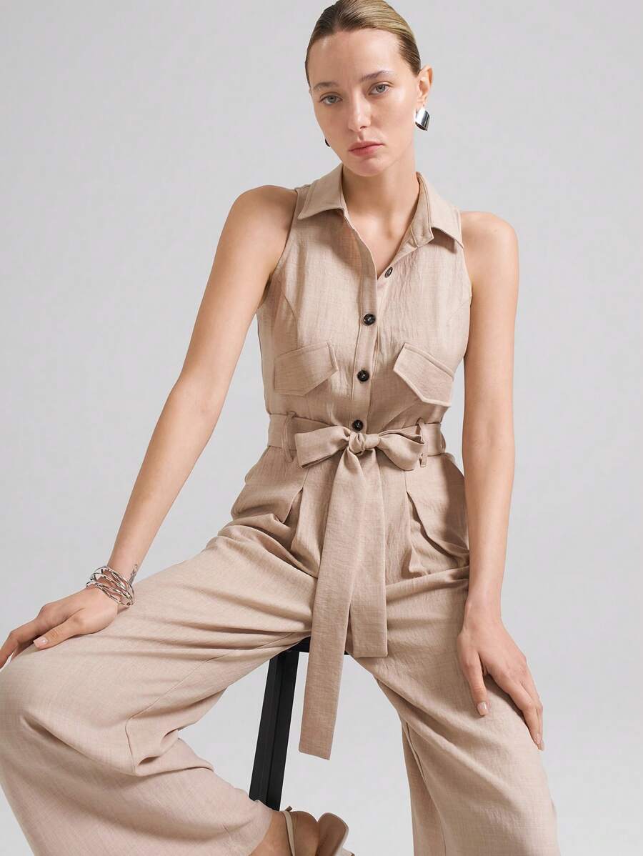 Ontre 2025 Summer New Arrival Women's Belted Contrast Color Collared Jumpsuit, Business Casual Daily Commute Elegant For Beach Resort, Wedding Guest, Country Music Festival, Brunch, Airport Outfit, Stockholm Style, American Independence Day