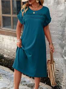 EMERY ROSE 大码休闲宽松圆领落肩撞色蕾丝连衣裙，夏季 - 水鴨藍 - 查看 1