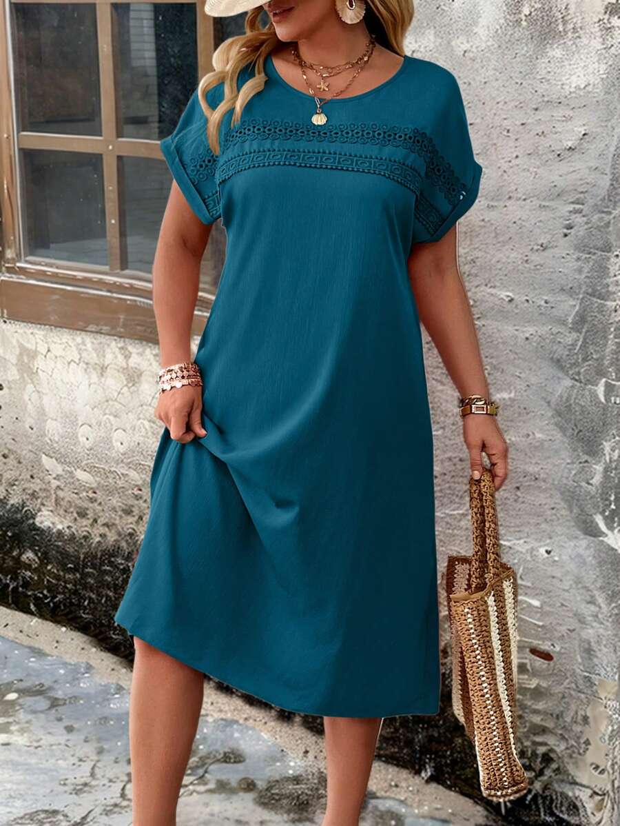 EMERY ROSE 大码休闲宽松圆领落肩撞色蕾丝连衣裙，夏季 - 水鴨藍 - 查看 1