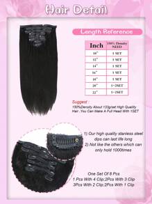 8 piezas Extensiones de cabello humano Remy de alta calidad con clips rectos, color negro natural, 133g/set, 10-22 pulgadas. Un set completo de extensiones con clips rectos para uso diario de mujeres - SNatural - Ver 6